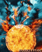 a dragon with blue eyes is surrounded by flames and sparklestar is written below it