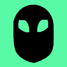a black silhouette of an alien face with two eyes on a green background