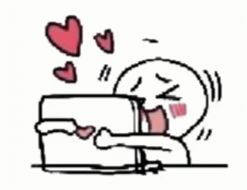 a cartoon of a person sitting at a table with hearts coming out of his mouth .