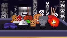 a group of cartoon characters are standing on a table with a city in the background
