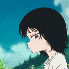 a close up of a girl 's face with a blue sky and trees in the background