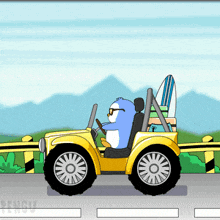 a penguin is driving a yellow car with a surfboard on top