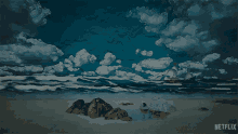 a painting of a beach with signs that say shit on it