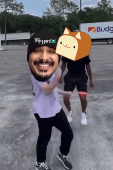 a man wearing a beanie that says wizzard is dancing in a parking lot
