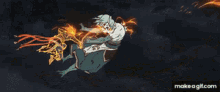 two anime characters are fighting each other with fire and water coming out of their hands .