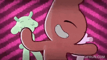 a cartoon of a cat and a green cat dancing on a pink and purple background .