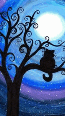 a painting of a cat sitting on a tree branch at night .