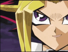 a close up of a cartoon character 's face with yellow hair and purple eyes