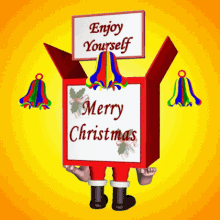 a santa claus holding a sign that says " enjoy yourself merry christmas "