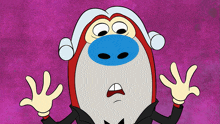 a cartoon character with a blue nose is wearing a hat