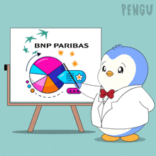 a penguin is standing in front of a blackboard with the word pengu written on it