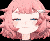 a girl with pink hair and blue eyes is making a face