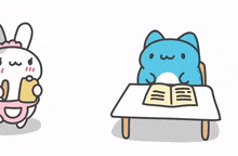 a blue cat is reading a book next to a white rabbit who is holding a cup of coffee