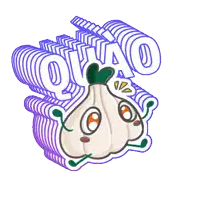 a cartoon illustration of a garlic bulb with a face and the word quao behind it