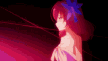 a girl with red hair and a blue flower in her hair