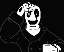 a black and white pixel art drawing of a skeleton holding a cup .