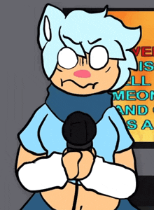 a cartoon character is holding a microphone in front of a sign that says " i love all meow and sa "
