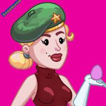 a cartoon of a woman wearing a green hat and holding an egg