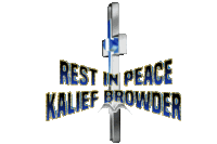 a blue and white cross with the words rest in peace kalief browder