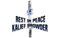 a blue and white cross with the words rest in peace kalief browder
