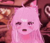 a close up of a pink anime girl with a cat ear