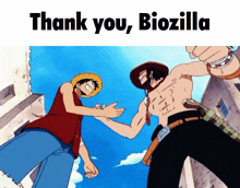 a picture of two anime characters shaking hands with the words thank you biozilla above them