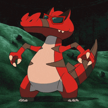 a cartoon drawing of a red and brown dinosaur wearing sunglasses