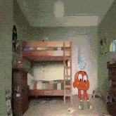 a room with a bunk bed and a cartoon character named darwin