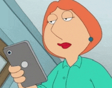 a cartoon woman is holding a cell phone in her hand