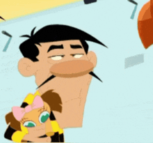 a cartoon of a man holding a little girl with a bow on her head