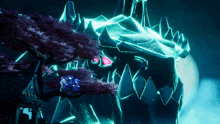 a video game scene with a giant monster and a tree with pink flowers