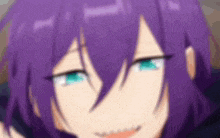 a close up of a person with purple hair and green eyes .