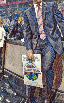 a painting of a man in a suit holding a richard blank sign