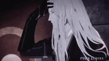 a black and white drawing of a man with long white hair