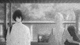 a black and white photo of a man and a girl standing next to each other .
