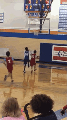 a basketball game is being played in front of a scoreboard that says " stuber "