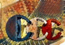 a close up of a painting of a horseshoe with the letters c and e on it .