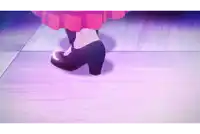 a woman in a pink dress and black shoes is walking on a purple tiled floor