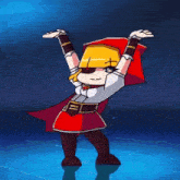 a little red riding hood cartoon character is dancing on a blue surface .