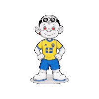 a cartoon character wearing a yellow shirt and blue shorts is standing on a white background .