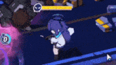 a girl with purple hair is holding a gun in a video game and fighting a robot .