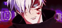 a close up of a person 's face with blood on it and a purple background .