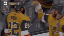 a group of hockey players are celebrating a goal
