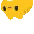 a pixel art drawing of a yellow ghost with black eyes and a white nose .