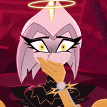 a cartoon character covering her mouth with her hand