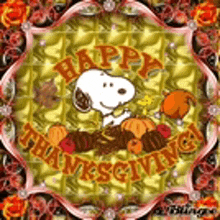 snoopy is holding a pumpkin and says `` happy thanksgiving '' on a floral background .