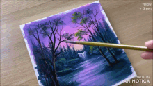 a painting of a forest with yellow and green paint being used