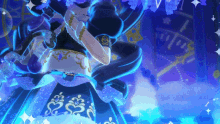 a woman in a blue dress is dancing in front of a blue background