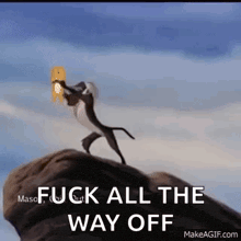 a lion from the lion king is standing on top of a rock holding a gold coin .