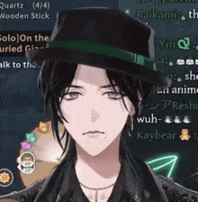 a man wearing a black hat with a green band is standing in front of a screen that says quartz
